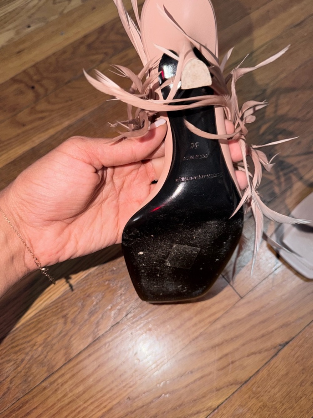 Alexander Wang Ivy Feather Sandal Nude Pink Square-Toe Mules Heels Size 39 - Picture 5 of 8